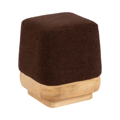 Sabri Square Ottoman with white boucle upholstered top and natural mango wood base in a contemporary interior setting