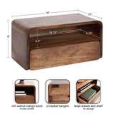 Rectangular walnut mango wood floating side table with rounded corners, featuring a large drawer below an open shelf and labeled dimensions.