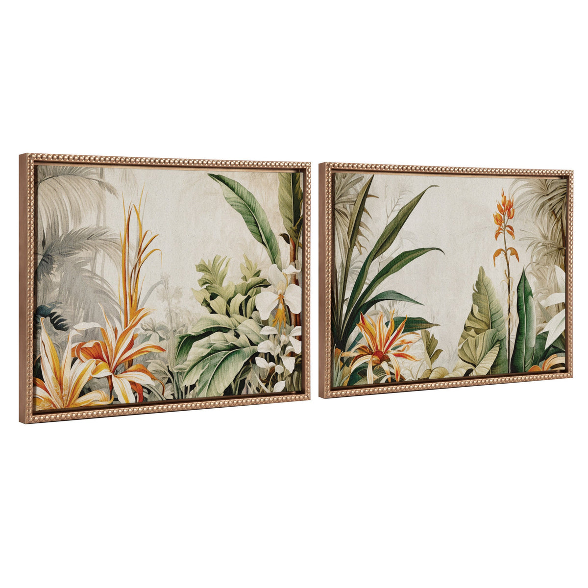Two framed botanical canvas prints featuring large green leaves and orange tropical flowers in muted retro style, with beaded brown wooden frames.
