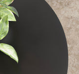 Close-up top view of a smooth, round black surface partially covered by green leaves on a beige textured background.