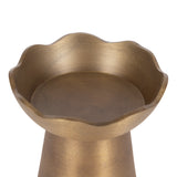 Brushed bronze metal pillar candle holder with a flared, scalloped top edge and cylindrical base, shown from an elevated angle against a white background.