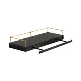 Rectangular black floating shelf with a slim pull-out rack underneath and gold metal railing on three sides, shown from an angled perspective.