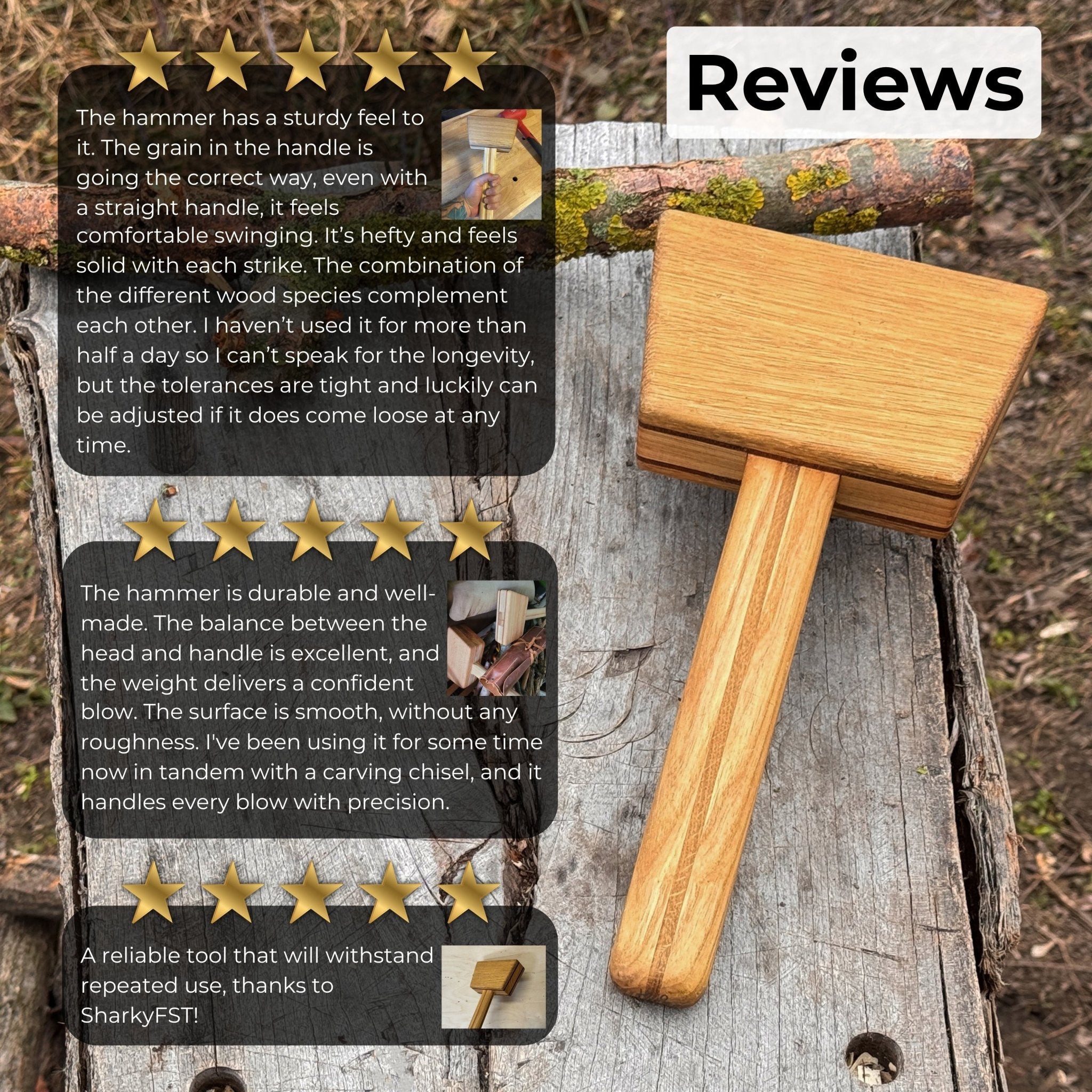 Quiet 23 oz Wooden Mallet with ash wood handle and head, Sharky Forged Steel Tools