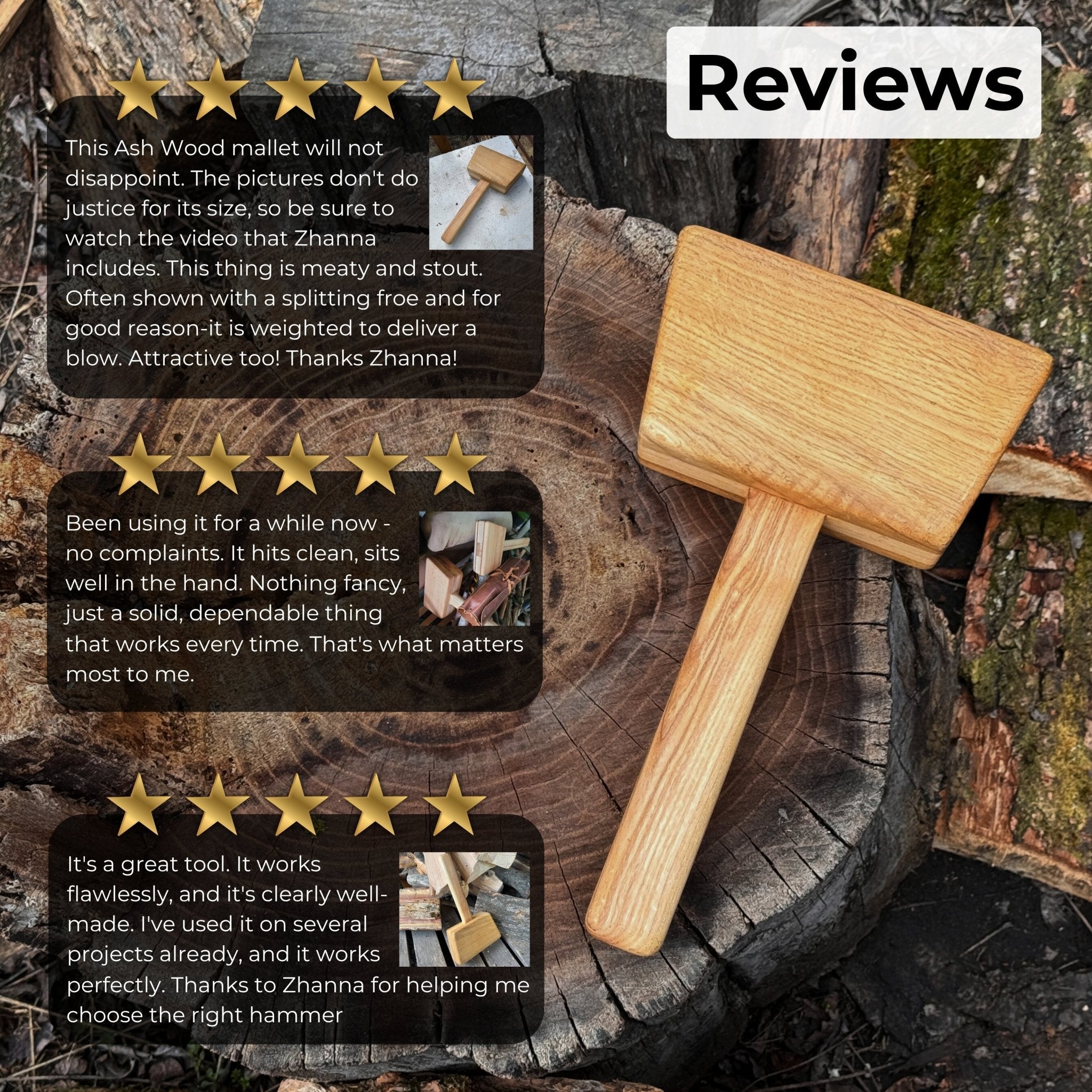 Quiet 35 oz Wooden Mallet with ash wood handle and head by Sharky Forged Steel Tools