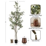 Eight-foot tall faux eucalyptus tree with realistic green leaves in a 12" tall metallic bronze planter, accompanied by moss and easy assembly parts, 3' wide at top.