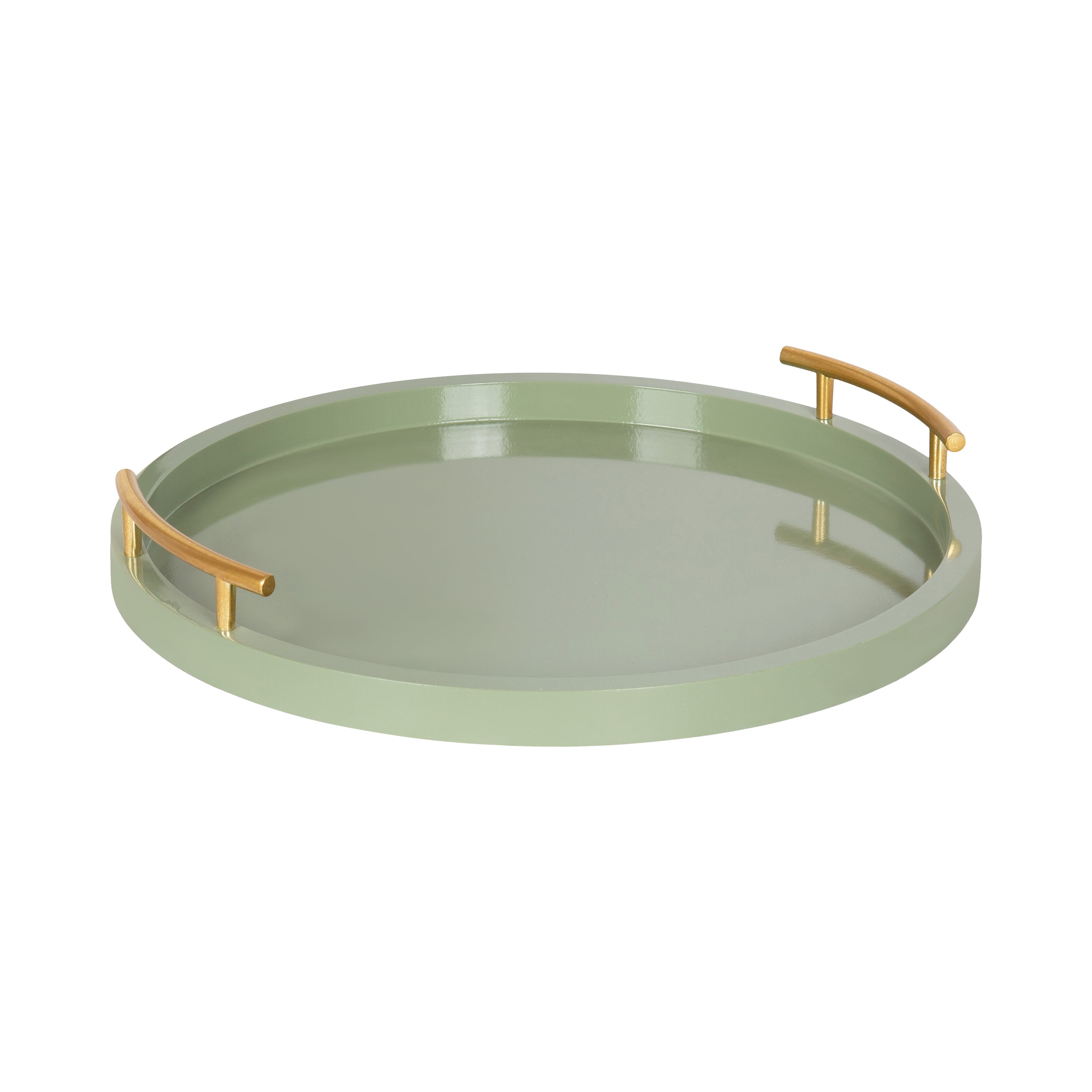 Halsey Wood Round Decorative Tray with black wood base and gold handles