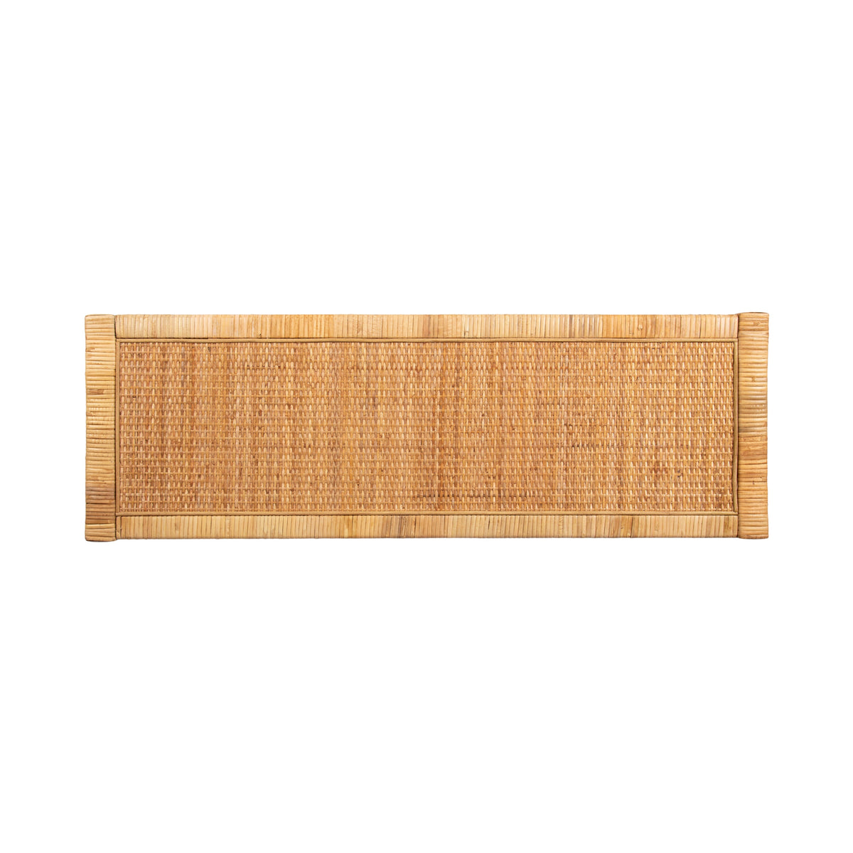 Rectangular rattan panel with a tight woven center and a thicker rattan frame, shown from above on a white background.