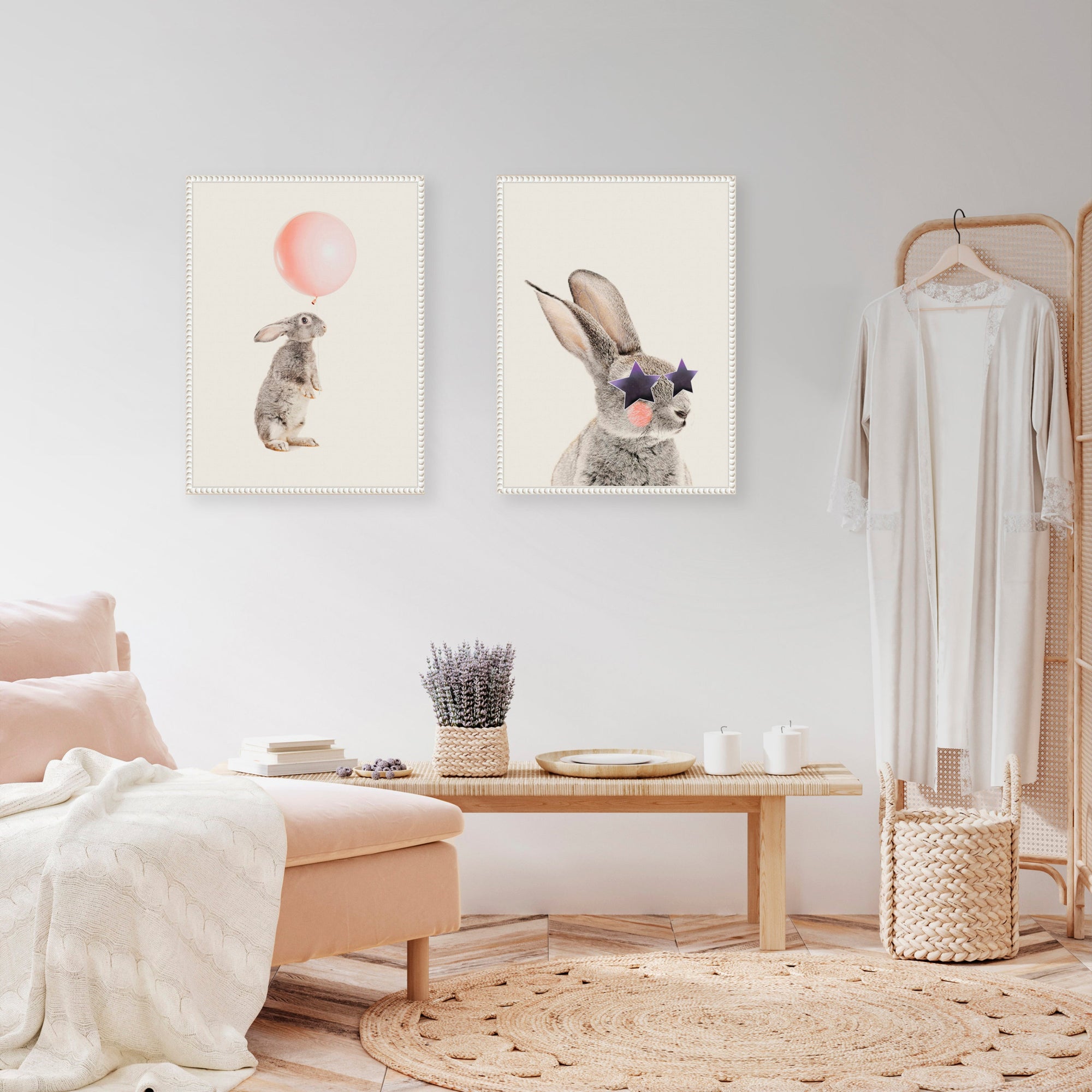 Sylvie Beaded The Bunny Star Glasses and The Bunny Pink Balloon Framed Canvas Art Set