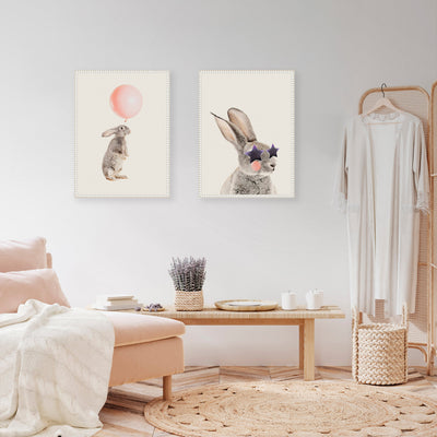 Sylvie Beaded The Bunny Star Glasses and The Bunny Pink Balloon Framed Canvas Art Set