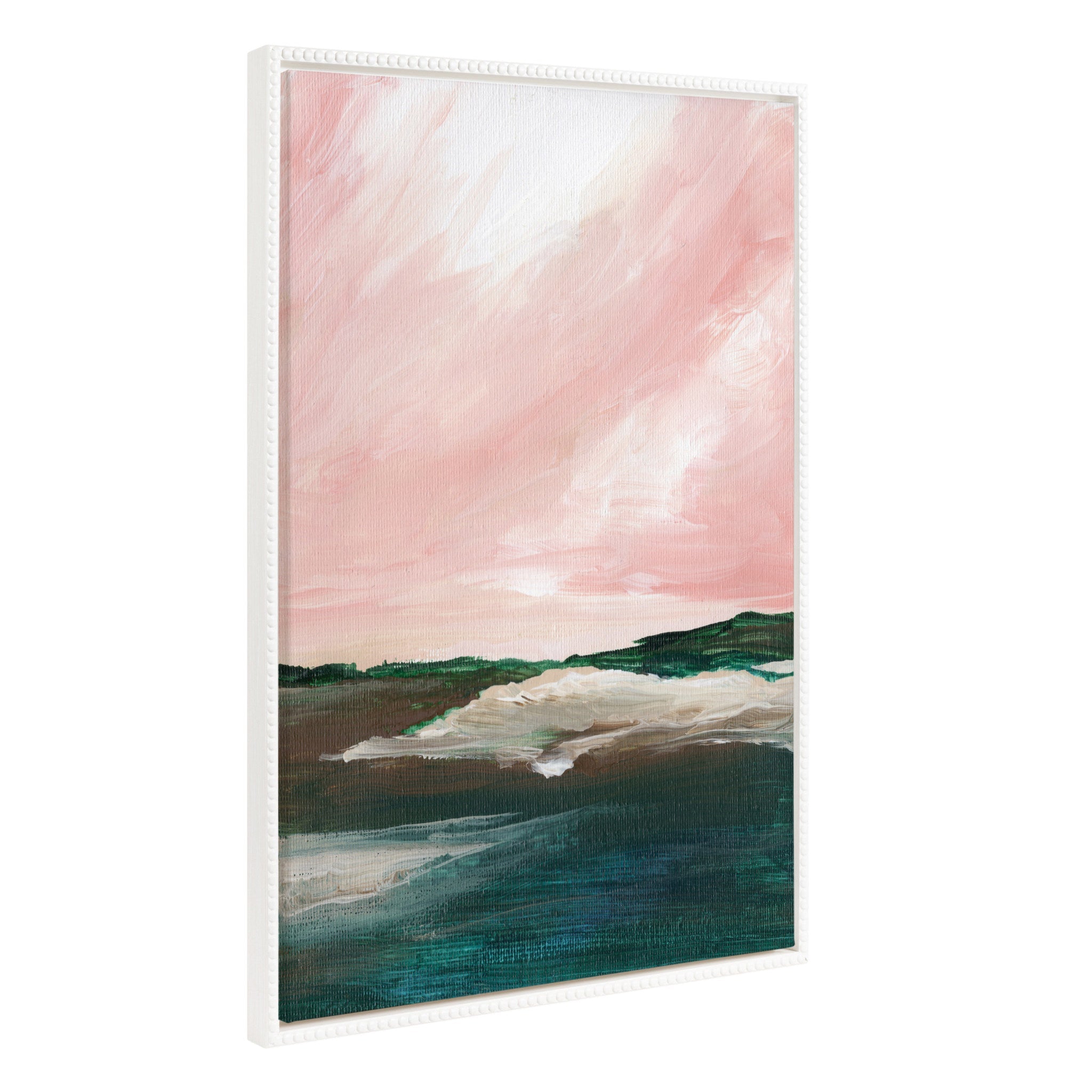 Sylvie Beaded Evening Mood framed canvas showing a soft dusk nature landscape with vintage beaded white frame