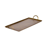 Rectangular metal tray with a hammered texture and two rounded handles in a warm brass tone, shown at an angled view on a white background.