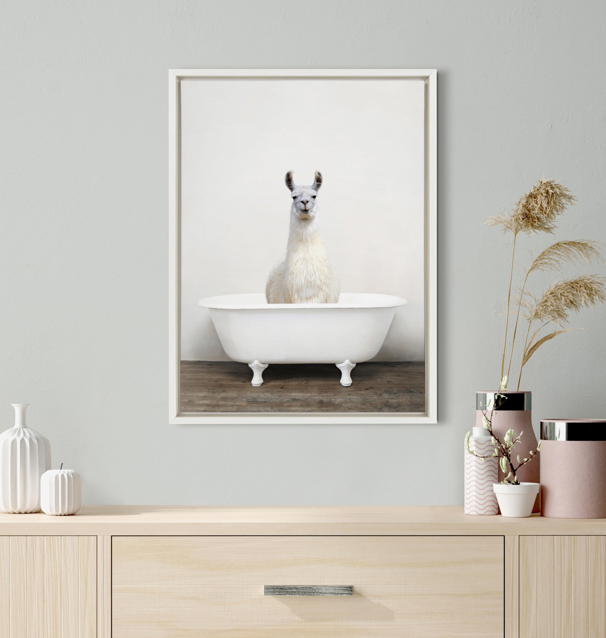 Sylvie Alpaca in the Tub Color Framed Canvas by kateandlaurel - product image 8 for Resin Society