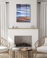 Abstract acrylic wall art featuring horizontal waves in blue, white, and orange tones, mounted above a minimalist white fireplace in a bright living room.