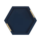 Hexagonal tray in deep navy blue with two parallel gold handles on opposite sides, shown from above on a white background.