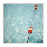 Framed canvas print of a pool's clear blue water surface with rippling light reflections and a diagonal blue-and-white rope with red-and-white floaters.