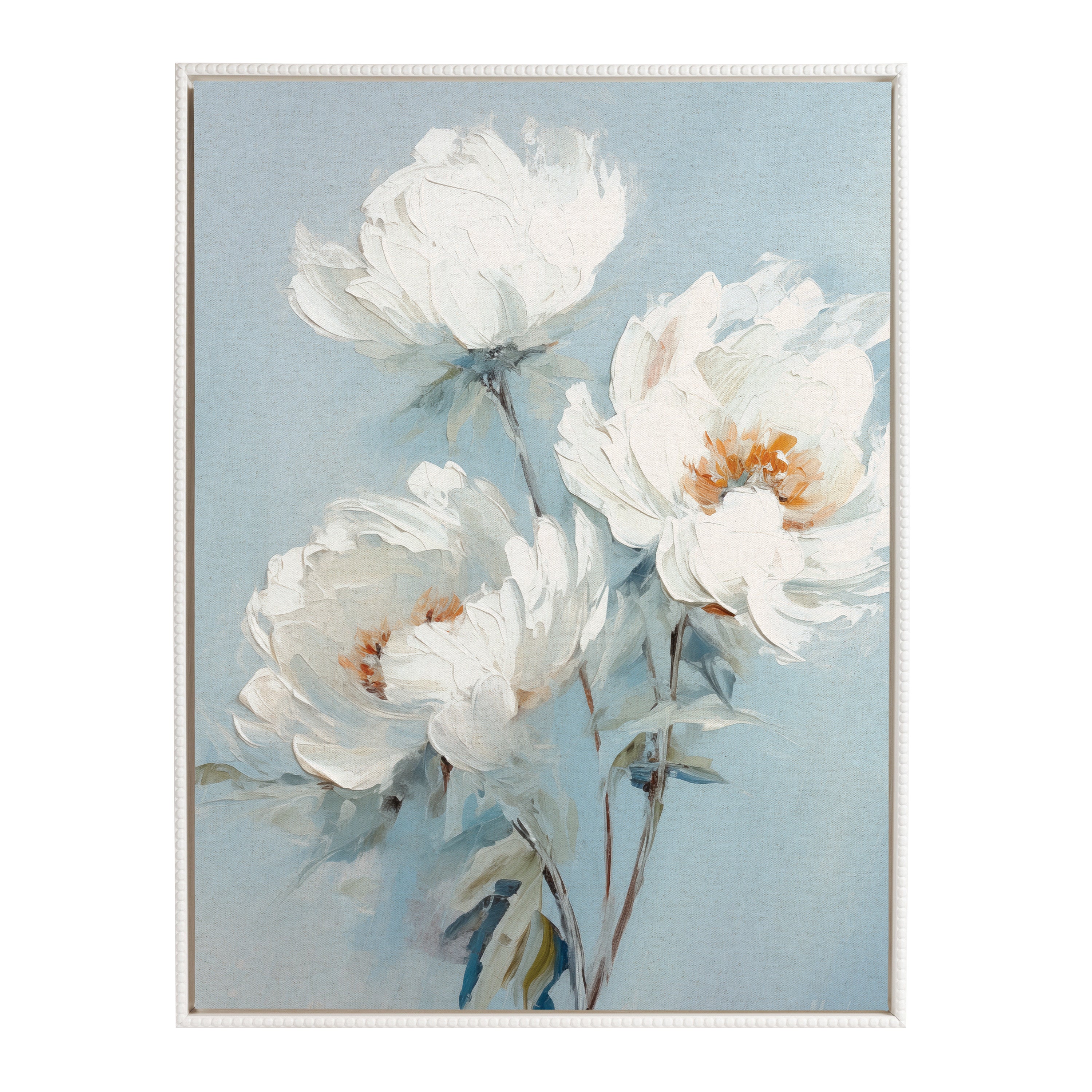 Sylvie Beaded White Peonies on Ocean Blue Framed Canvas by The Creative Bunch Studio