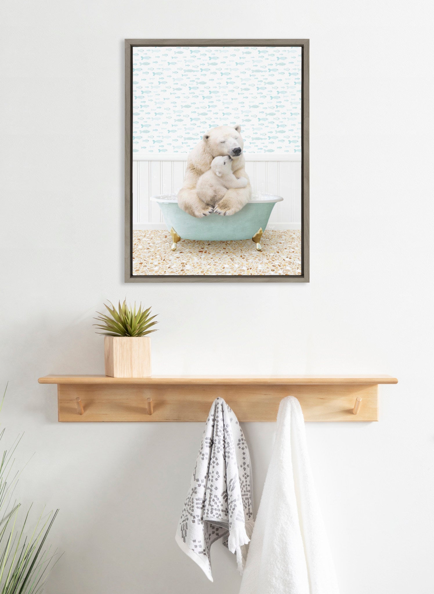 Sylvie Mother and Baby Polar Bear in Little Fish Bath Framed Canvas by Amy Peterson Art Studio