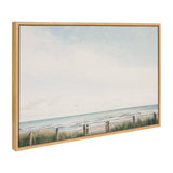 Framed canvas showing a serene beach scene with tall grasses and a rope fence leading to gentle ocean waves under a pale, cloudy sky.
