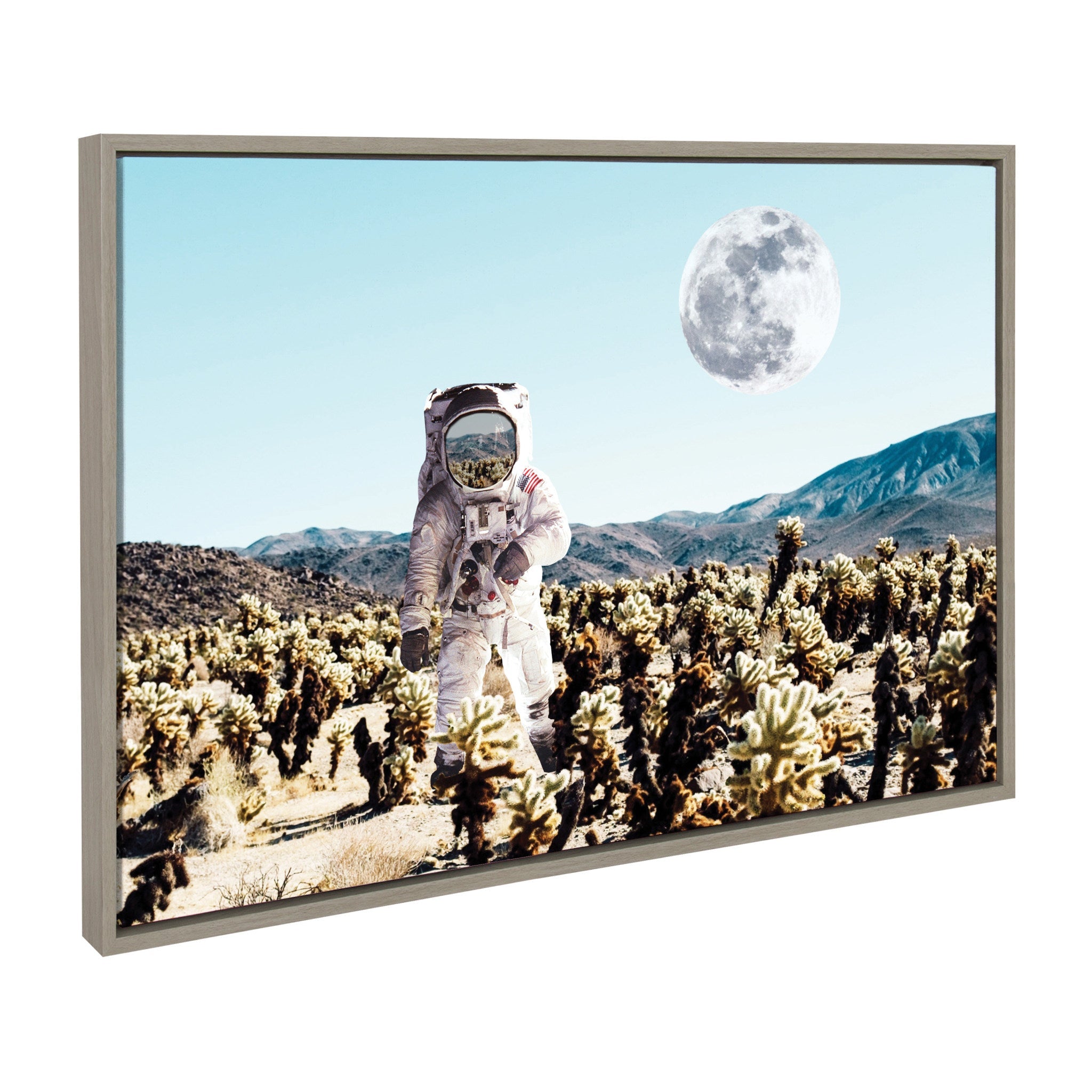 Framed canvas art of an astronaut exploring a desert moon landscape with gray tones