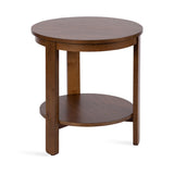 Round wooden side table with a smooth top and lower shelf, supported by three sturdy straight legs in a warm brown finish.