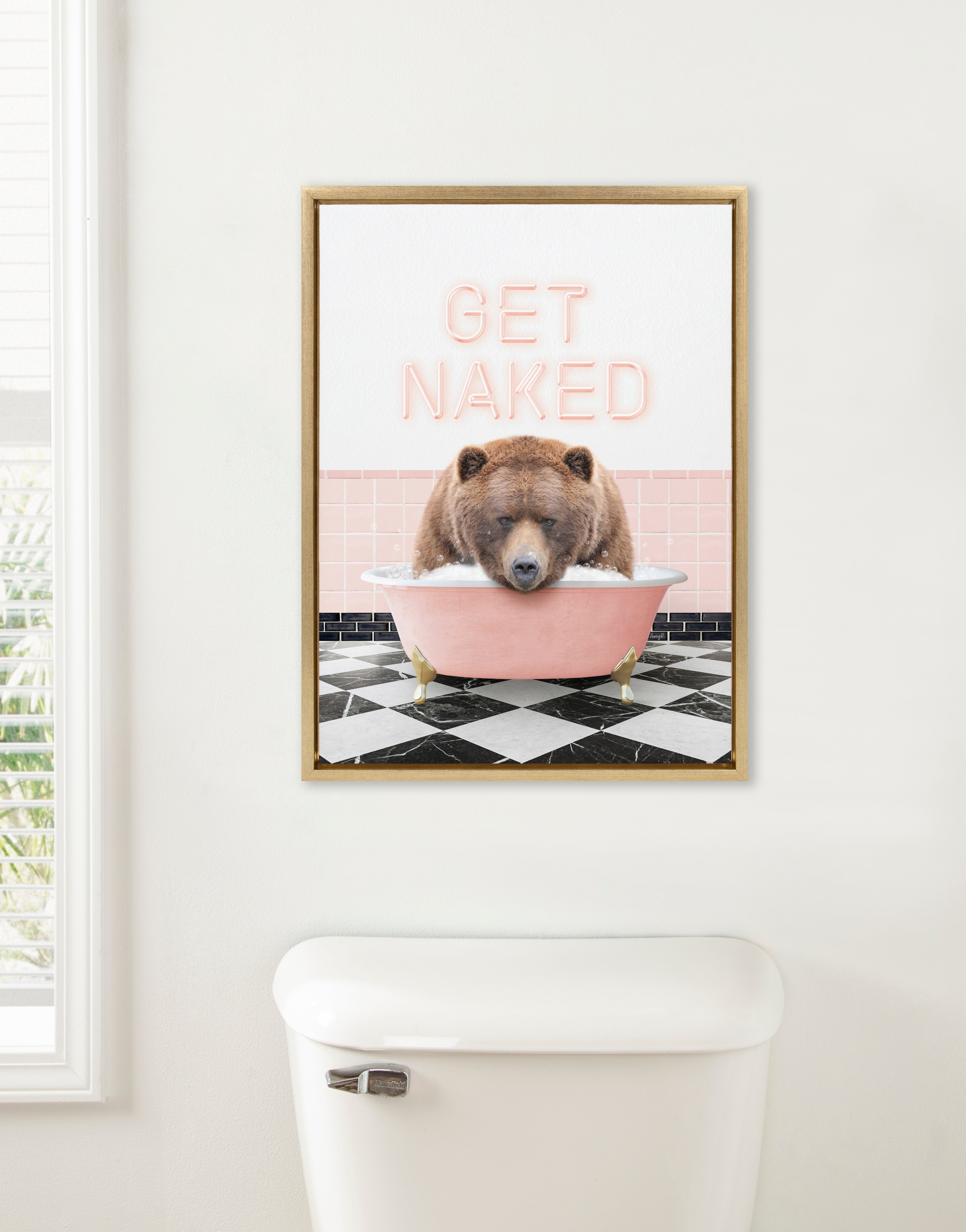 Sylvie Big Bear Retro Neon Sign Bath Framed Canvas by Amy Peterson