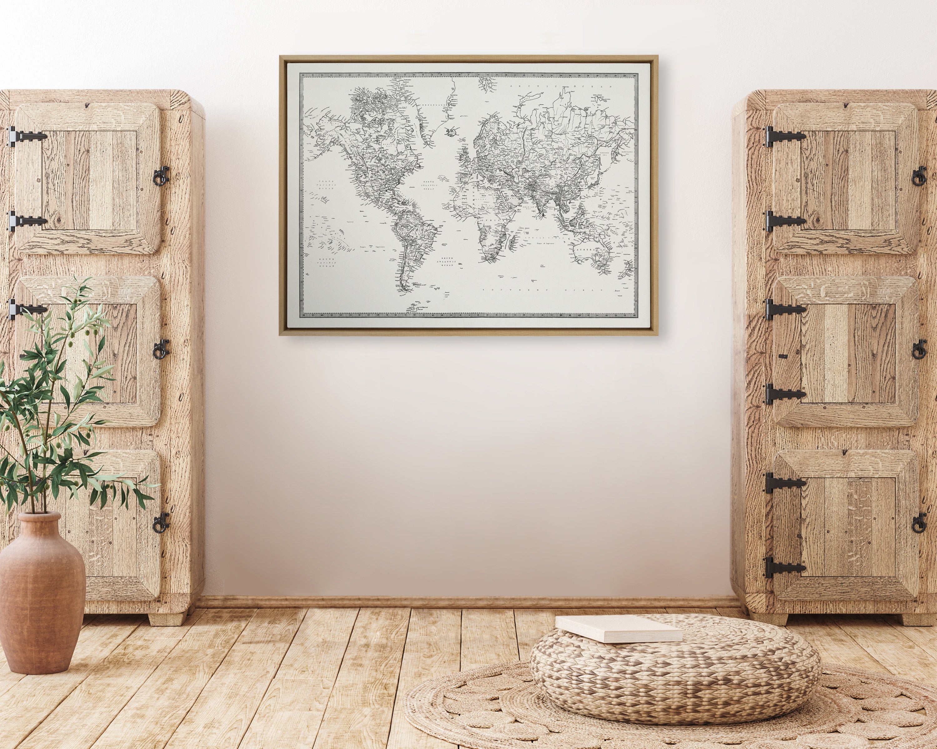 Sylvie Vintage Black and White World Map Framed Canvas by The Creative by kateandlaurel - product image 5 for Resin Society