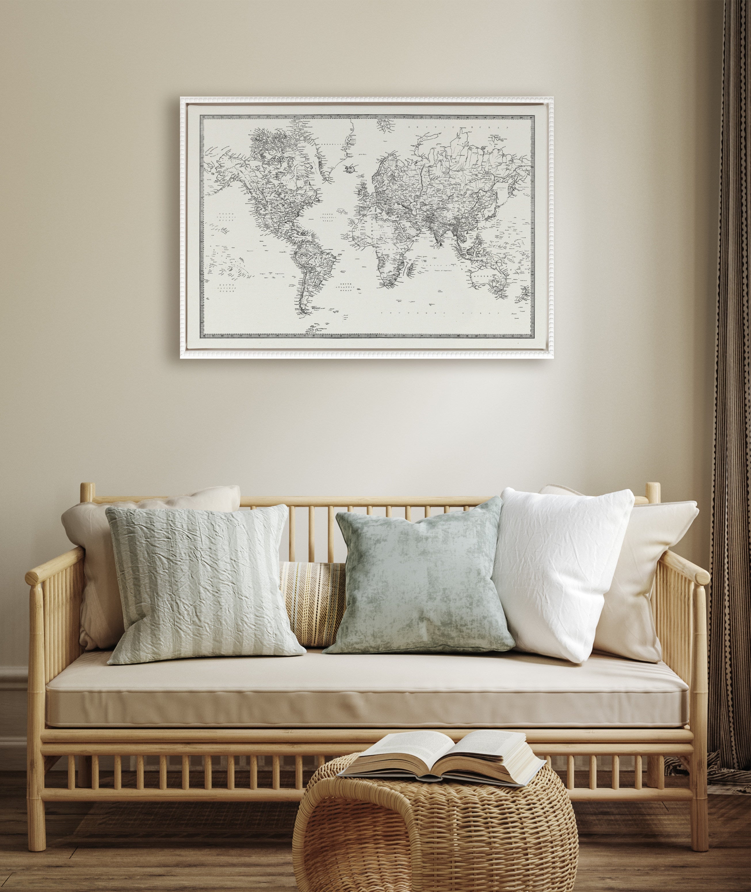 Sylvie Beaded Vintage Black and White World Map Framed Canvas by The Creative Bunch Studio