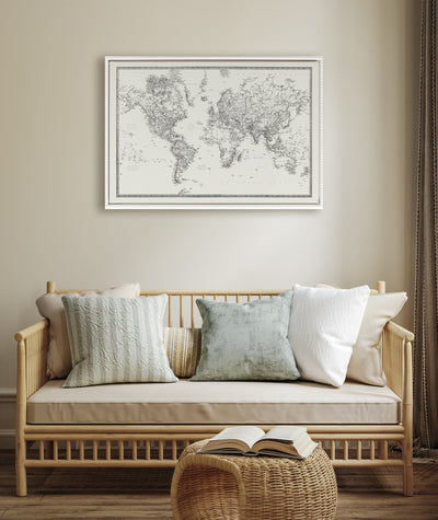 Sylvie Beaded Vintage Black and White World Map Framed Canvas by The Creative Bunch Studio