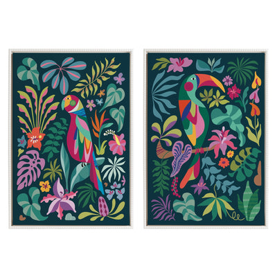 Framed canvas art set showing colorful Tropical Parrot and Tropical Toucan illustrations in vintage beaded white frames