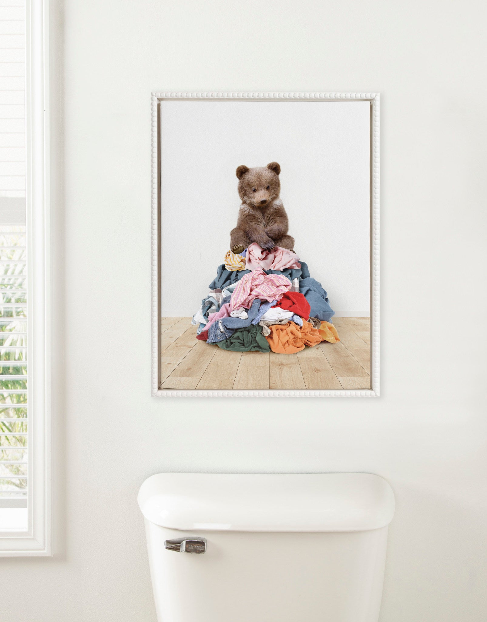 Sylvie Beaded Bear On Laundry Pile Scandi Style Framed Canvas by Amy Peterson
