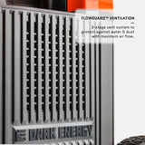 Close-up of a gray vented panel with vertical slats and the Dark Energy logo embossed at the bottom, highlighting the FlowGuard 3-stage ventilation system