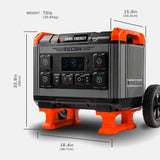 Black and orange portable power station with multiple outlets, LED display, and large wheels on one side, measuring about 22.8 by 18.4 by 15.8 inches
