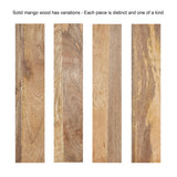 Four vertical mango wood planks showing unique grain patterns and natural color variations from light to medium brown with occasional darker streaks.