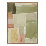 Abstract painting with layered rectangular shapes in muted green, beige, peach, and cream tones, framed in a simple dark wood frame.