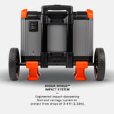 Bottom view of Recon 2000 Power Station showing black and orange shock-absorbing feet with large rubber wheels and a central black support bar