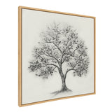 Sylvie Traditional Tree Linen Textured Framed Canvas art with a delicate tree illustration on linen-textured background shown in a modern room setting.