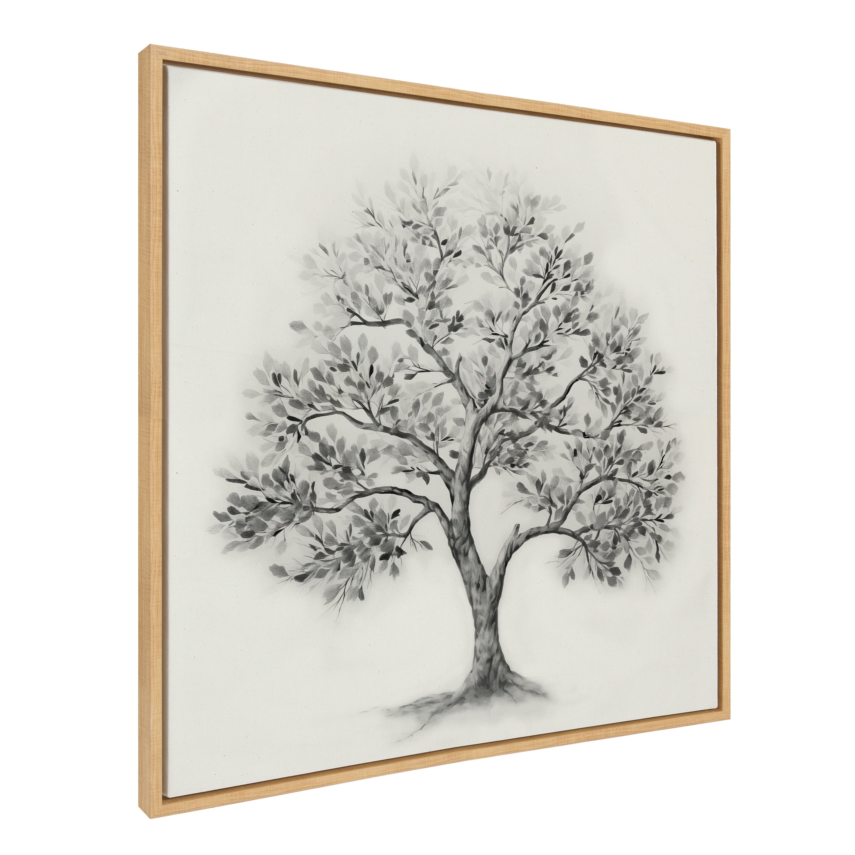 Sylvie Traditional Tree Linen Textured Framed Canvas art with a delicate tree illustration on linen-textured background shown in a modern room setting.