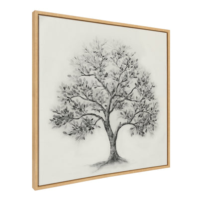 Sylvie Traditional Tree Linen Textured Framed Canvas art with a delicate tree illustration on linen-textured background shown in a modern room setting.