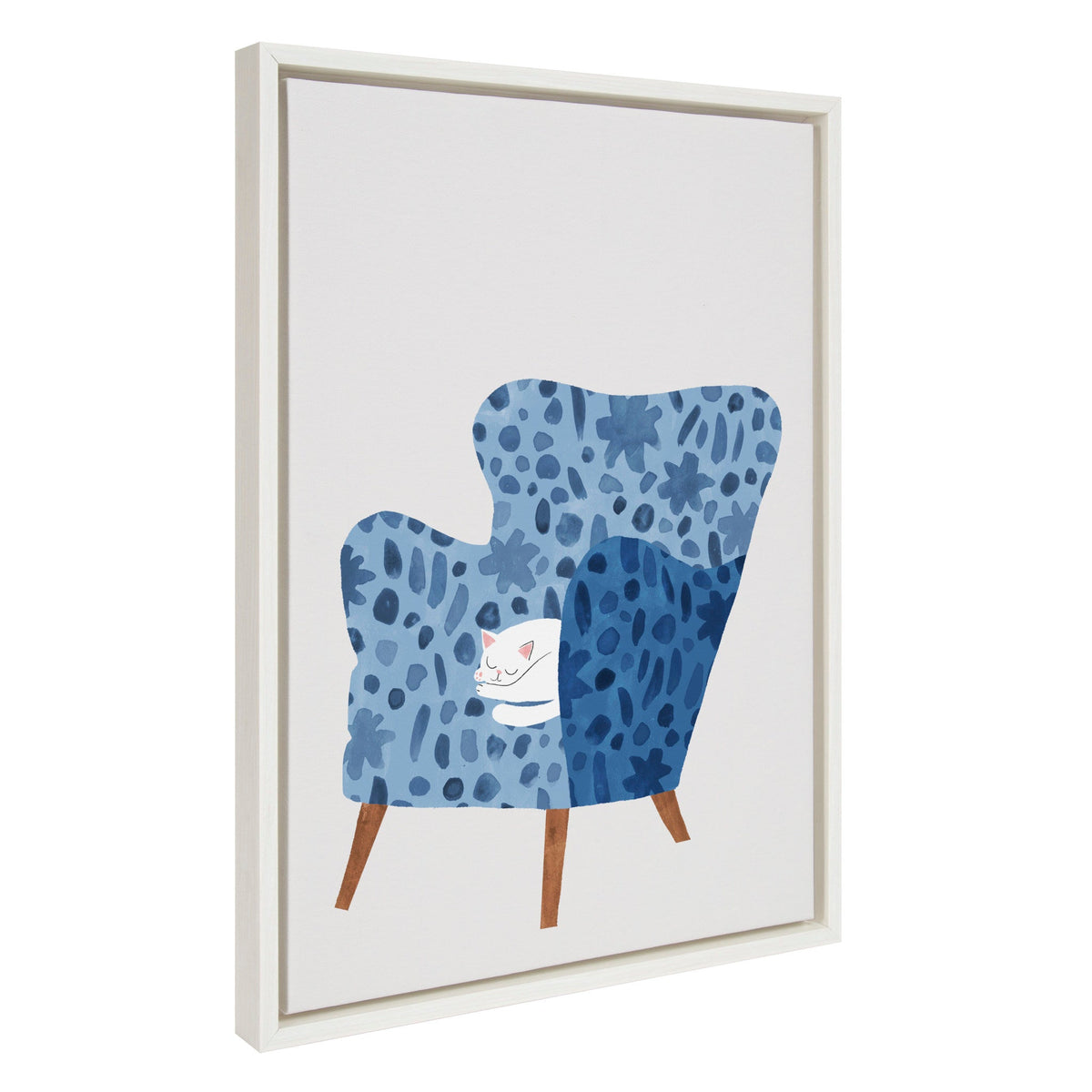 Sylvie 10 Cornflower Chair framed canvas art featuring a colorful chair in shades of blue and purple, displayed in a modern living room