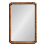Rectangular mirror with a warm brown, woven rattan frame featuring tightly wrapped beads along the inner edge, shown against a white background.