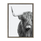 Black and white close-up of a Highland cow with long shaggy fur partially covering its eyes and one prominent curved horn, framed in simple dark wood.
