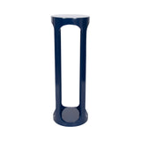 Tall, slender pedestal table in glossy deep navy blue with a circular top and an open base framed by two vertical supports.
