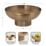 Antique brass-finished metal bowl with a smooth wide rim and a vertically ribbed cylindrical base, measuring about 12 inches in diameter and 5 inches tall.