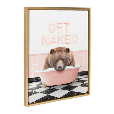 Sylvie Big Bear Retro Neon Sign Bath framed canvas art showing a bear in a bathtub with neon sign style
