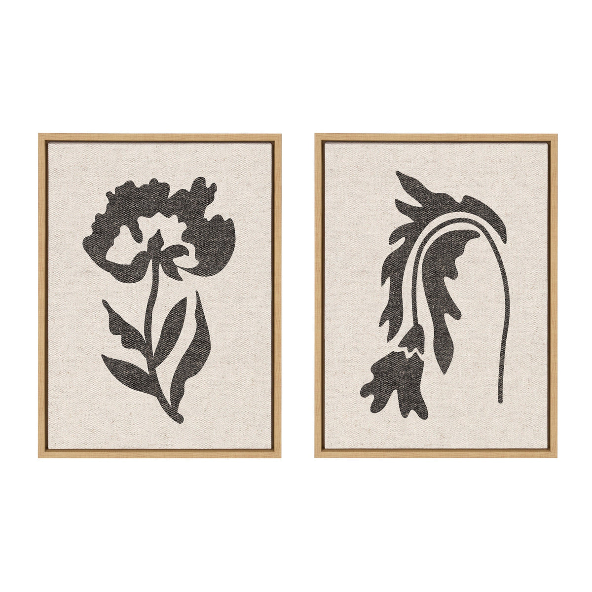 Two framed botanical prints with dark brown silhouetted leaves and flowers on a textured neutral linen background, each featuring a distinct stylized floral shape.