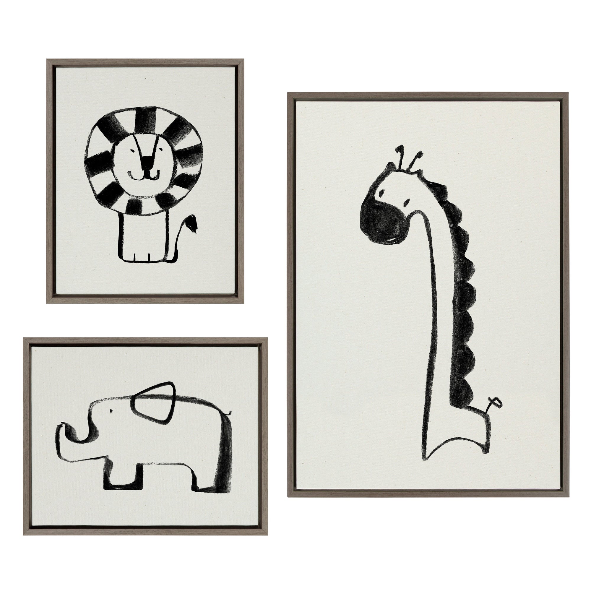 Sylvie 3-piece black and white framed canvas art set featuring giraffe, lion, and elephant portraits