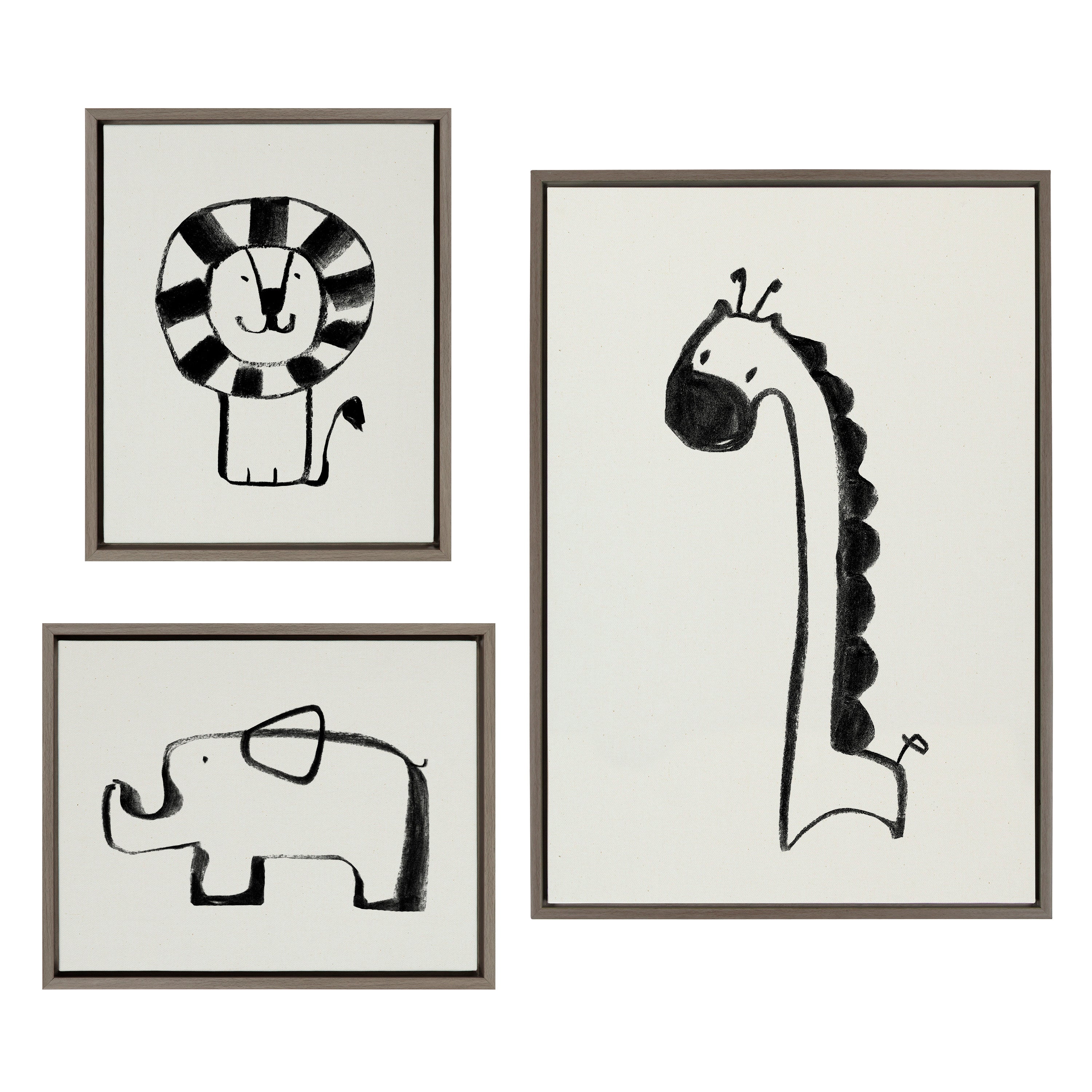 Sylvie 3-piece black and white framed canvas art set featuring giraffe, lion, and elephant portraits
