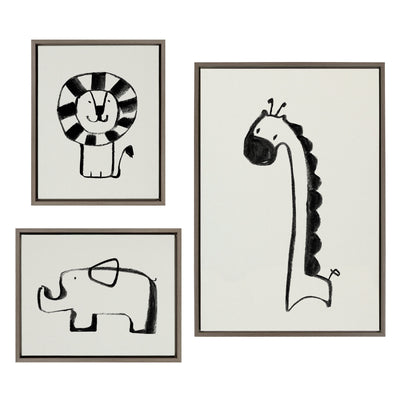 Sylvie 3-piece black and white framed canvas art set featuring giraffe, lion, and elephant portraits