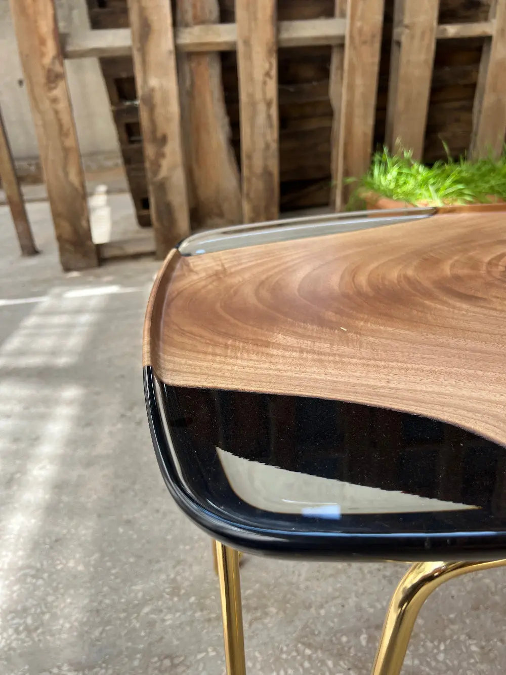 Rectangular resin side table with walnut wood and ivory resin top, shown with various leg color options