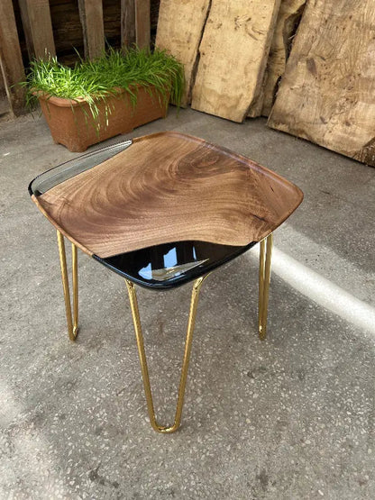Rectangular resin side table with walnut wood and ivory resin top, shown with various leg color options